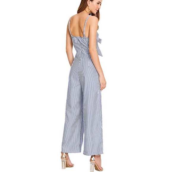 Blue Canvas Wide Leg High Waist Stripped Jumpsuit - Picture 4 of 5